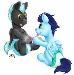 Size: 2259x2286 | Tagged: safe, artist:wittleskaj, imported from derpibooru, soarin', thunderlane, pegasus, pony, baby, baby pony, colt, diaper, foal, foal powder, male, playing