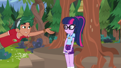 Size: 1280x720 | Tagged: safe, imported from derpibooru, screencap, sci-twi, timber spruce, twilight sparkle, equestria girls, legend of everfree, camp everfree outfits, clothes, female, glasses, male, ponytail, tree