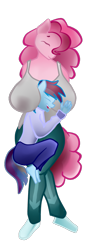 Size: 422x1200 | Tagged: safe, artist:shehaveboththings, derpibooru exclusive, imported from derpibooru, pinkie pie, rainbow dash, anthro, big breasts, breasts, busty pinkie pie, clothes, eyes closed, female, huge breasts, lesbian, lightning, pinkiedash, shadow, shipping, sleeping, solo