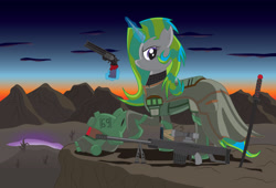 Size: 3750x2550 | Tagged: safe, artist:miipack603, imported from derpibooru, oc, oc:athenta crete, pony, unicorn, fallout equestria, fanfic:fallout equestria: lone ranger, anti-machine rifle, armor, aura, boots, bracer, cel shading, cell shaded, clothes, desert, desert ranger, detailed background, dusk, duster, female, fissure, greaves, gun, handgun, helmet, jacket, leather jacket, lone ranger, looking over shoulder, mare, mountain, pauldron, pipbuck, pre-war, ranger sequoia, revolver, shading, shadows, shoes, simple shading, stern, sword, synthetacrete, torn ear, weapon