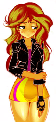 Size: 895x1934 | Tagged: safe, artist:reiji sakamoto, imported from derpibooru, sunset shimmer, equestria girls, blushing, clothes, female, fingerless gloves, gloves, jacket, leather, leather jacket, miniskirt, simple background, skirt, solo, thighs, white background