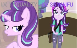 Size: 1752x1090 | Tagged: safe, edit, edited screencap, imported from derpibooru, screencap, starlight glimmer, pony, unicorn, equestria girls, mirror magic, the cutie map, spoiler:eqg specials, :o, beanie, cute, equal cutie mark, female, glimmerbetes, hat, level up, lidded eyes, looking at you, mafia city, mare, open mouth, raised hoof, s5 starlight, smiling, solo, that's how mafia works, waifu