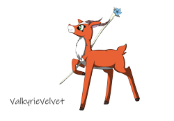 Size: 2400x1684 | Tagged: safe, artist:valkyrievelvet, imported from derpibooru, deer, pony, antlers, chest fluff, commission, deer magic, doe, female, flower, fluffy, full body, green eyes, holding, horns, magic, orange coat, staff