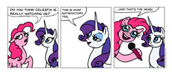 Size: 1000x421 | Tagged: safe, artist:gingerfoxy, imported from derpibooru, pinkie pie, rarity, earth pony, pony, unicorn, pony comic generator, comic, dialogue, microphone, open mouth, speech bubble