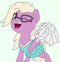 Size: 2565x2656 | Tagged: safe, artist:wenni, imported from derpibooru, grace manewitz, pony, armpits, cheerleader, clothes, cute, female, glasses, looking at you, mare, open mouth, pleated skirt, pom pom, simple background, skirt, smiling, solo