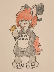 Size: 3024x4032 | Tagged: safe, artist:mystic bolt, imported from derpibooru, oc, oc only, oc:blackstar pai, anthro, bow, female, filly, freckles, hair bow, hello kitty, money, sanrio, solo, tongue out, totoro, traditional art