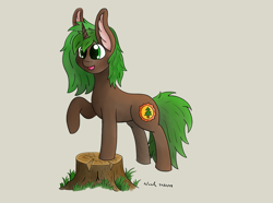 Size: 3520x2624 | Tagged: safe, artist:nacle, imported from derpibooru, oc, oc:pine hearts, oc:pine shine, pony, grass, smiling, standing, tree, tree stump