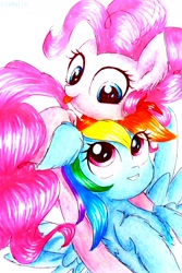 Size: 1959x2938 | Tagged: safe, artist:liaaqila, imported from derpibooru, pinkie pie, rainbow dash, earth pony, pegasus, pony, :p, chest fluff, cute, dashabetes, diapinkes, ear fluff, female, lesbian, mare, pinkiedash, shipping, silly, simple background, smiling, tongue out, traditional art, white background