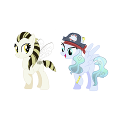 Size: 768x768 | Tagged: safe, artist:artisticjourney, imported from derpibooru, oc, oc only, oc:honey buzz (ice1517), oc:sailing winds, bee, bee pony, original species, pegasus, pony, bandana, bracelet, duo, ear piercing, earring, female, hat, jewelry, mare, open mouth, piercing, pirate, pirate hat, raised hoof, simple background, white background