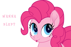 Size: 819x546 | Tagged: safe, artist:spookitty, imported from derpibooru, pinkie pie, earth pony, pony, :p, cute, female, looking at you, mare, pinkie pie is best pony, question, question mark, silly, simple background, solo, text, tongue out, transparent background