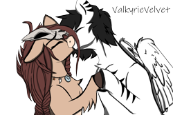 Size: 1440x960 | Tagged: safe, artist:valkyrievelvet, imported from derpibooru, oc, oc:eclipse, oc:ondrea, pegasus, pony, black mane, brown coat, brown mane, hoof hold, jewelry, kissing, markings, necklace, romance, shipping, simple background, skull, transparent background, white coat, wings