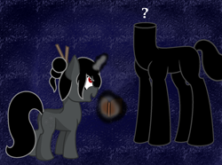 Size: 1544x1146 | Tagged: safe, artist:endergurl22, imported from derpibooru, the headless horse, oc, oc:ebony darkness, headless horse, pony, autograph, confusion, female, filly, funny, headless, question mark