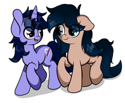 Size: 4561x3745 | Tagged: safe, artist:kimjoman, artist:php142, imported from derpibooru, oc, oc only, oc:crescend cinnamon, oc:purple flix, earth pony, pony, unicorn, female, looking at each other, male, raised hoof, simple background, standing, transparent background