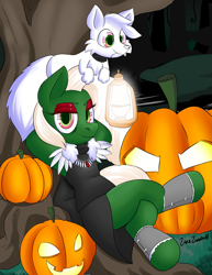 Size: 2975x3850 | Tagged: safe, artist:zanezandell, imported from derpibooru, fox, pony, female, halloween, holiday, jack-o-lantern, lounging, pumpkin, witch