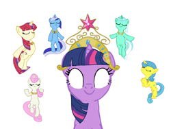 Size: 1024x768 | Tagged: safe, artist:turnaboutart, imported from derpibooru, lemon hearts, lyra heartstrings, minuette, moondancer, twilight sparkle, twinkleshine, pony, unicorn, alternate universe, base used, big crown thingy, canterlot six, element of generosity, element of honesty, element of kindness, element of laughter, element of loyalty, element of magic, elements of harmony, jewelry, regalia, simple background, the elements in action, transparent background, unicorn twilight