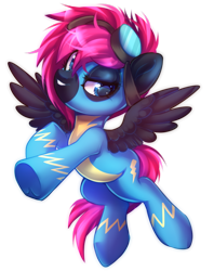 Size: 600x758 | Tagged: safe, artist:cabbage-arts, imported from derpibooru, oc, oc only, oc:neon flare, pegasus, pony, clothes, commission, female, flying, goggles, mare, pegasus oc, solo, underhoof, uniform, wings, wonderbolts, wonderbolts uniform