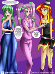 Size: 1024x1366 | Tagged: safe, artist:attentte, imported from derpibooru, aria blaze, lemon zest, sunset shimmer, equestria girls, clothes, evening gloves, evening gown, female, fingerless gloves, gloves, heartbeat, hypnosis, hypnotist, hypnotized, kind, listening, long gloves, nurse, personality swap, scrubs, scrubs (gear), soap opera, spiral, stage, stethoscope, sunset shimmer with her heartbeat, swirly eyes, trance, trio, trio female