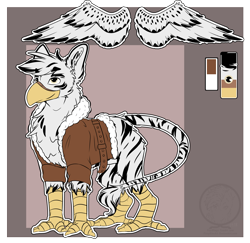 Size: 4335x4208 | Tagged: safe, artist:fizzwings, imported from derpibooru, oc, oc only, oc:warren, hybrid, original species, zebragriff, absurd resolution, beak, bomber jacket, butt fluff, cheek fluff, chest fluff, clothes, ear fluff, fluffy, jacket, leg fluff, leonine tail, looking up, neck fluff, nudity, reference sheet, sheath, smiling, smirk, solo, stripes, tail fluff, talons, wing fluff, wings, zerb