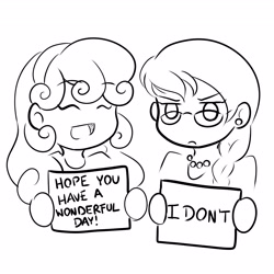 Size: 3600x3600 | Tagged: safe, artist:autumn rush, imported from derpibooru, silver spoon, sweetie belle, human, equestria girls, doodle, female, glare, glasses, humanized, lesbian, lineart, monochrome, shipping, silverbelle, smiling, tsundere