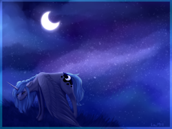 Size: 2400x1800 | Tagged: safe, artist:lou1911, imported from derpibooru, princess luna, alicorn, pony, crying, eyes closed, female, floppy ears, mare, moon, night, s1 luna, sad, solo, wings down