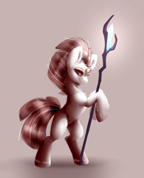 Size: 602x743 | Tagged: safe, artist:porceiian-prince, imported from derpibooru, tempest shadow, pony, bipedal, broken horn, female, horn, simple background, sketch, smiling, solo, staff, staff of sacanas, standing