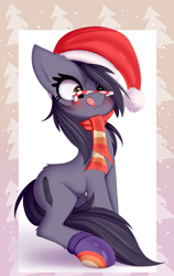 Size: 3280x5182 | Tagged: safe, artist:omi, imported from derpibooru, oc, oc only, oc:kate, pony, candy, candy cane, christmas, clothes, cute, female, food, hat, holiday, santa hat, scarf, silly, solo, tongue out