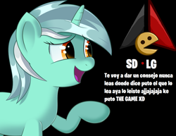 Size: 1326x1024 | Tagged: safe, imported from derpibooru, lyra heartstrings, pony, black background, meme, sdlg, shitposting, simple background, spanish, the game, thief image