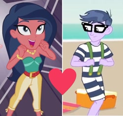 Size: 1221x1151 | Tagged: safe, edit, edited screencap, imported from derpibooru, screencap, desert sage, microchips, equestria girls, equestria girls series, lost and found, spring breakdown, spoiler:eqg series (season 2), background human, bare shoulders, beach, bracelet, bustier, clothes, crack shipping, cropped, female, glasses, heart, jewelry, male, microsage, necklace, open mouth, shipping, shipping domino, sleeveless, straight, strapless, suspenders, swimsuit, tube top