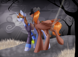 Size: 4439x3271 | Tagged: dead source, safe, artist:ri20, imported from derpibooru, oc, oc only, oc:calamity, oc:littlepip, pegasus, pony, unicorn, fallout equestria, clothes, cloud, cloudy, cowboy hat, dashite, dead grass, dead tree, fanfic, fanfic art, female, grass, gritted teeth, hat, hooves, horn, jumpsuit, male, mare, pipbuck, saddle bag, stallion, tree, vault suit, wasteland, windy, wings