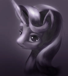 Size: 2480x2784 | Tagged: safe, artist:akurion, imported from derpibooru, starlight glimmer, pony, unicorn, fanfic:the archetypist, bust, dark, ear fluff, fanfic art, female, gradient background, grayscale, horn, mare, monochrome, portrait, purple background, simple background, solo