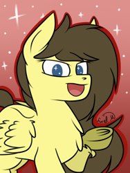 Size: 600x800 | Tagged: safe, artist:luriel maelstrom, imported from derpibooru, oc, oc only, oc:retro hearts, pegasus, pony, chest fluff, female, looking at you, open mouth, raised hoof, signature, simple background, solo