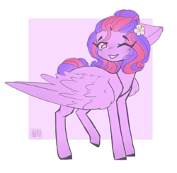 Size: 1377x1352 | Tagged: safe, artist:harusocoma, imported from derpibooru, oc, oc only, oc:moonlight blossom, pegasus, pony, female, mare, one eye closed, solo, wink