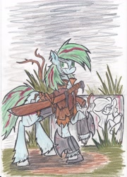 Size: 2504x3476 | Tagged: safe, artist:zubias, imported from derpibooru, oc, oc only, oc:crimson smiles, earth pony, pony, female, mare, solo, sword, traditional art, weapon