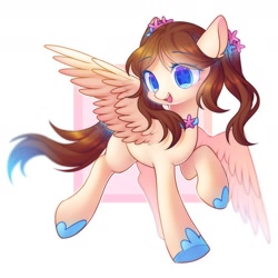 Size: 1800x1800 | Tagged: safe, artist:leafywind, imported from derpibooru, oc, oc only, pegasus, pony, abstract background, choker, colored pupils, cute, female, flying, hairband, hoof shoes, mare, open mouth, pigtails, smiling, solo, spread wings, starry eyes, wingding eyes, wings