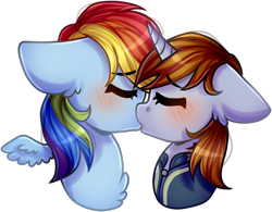 Size: 1778x1389 | Tagged: safe, artist:grapegrass, imported from derpibooru, rainbow dash, oc, oc:littlepip, pegasus, pony, unicorn, fallout equestria, blushing, canon x oc, chest fluff, clothes, cute, ear fluff, eyes closed, fanfic, fanfic art, female, floppy ears, horn, jumpsuit, kiss on the lips, kissing, lesbian, mare, pipdash, shipping, simple background, time travel, transparent background, vault suit, wings