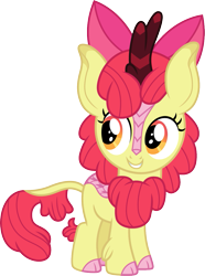 Size: 895x1200 | Tagged: safe, artist:cloudy glow, artist:cloudyglow, imported from derpibooru, apple bloom, kirin, adorabloom, bow, cloven hooves, colored hooves, cute, female, hair bow, kirin apple bloom, kirin-ified, simple background, smiling, solo, species swap, transparent background, vector