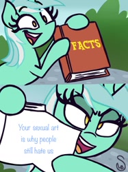 Size: 760x1015 | Tagged: safe, artist:quarium edits, deleted from derpibooru, edit, editor:fang, imported from derpibooru, lyra heartstrings, pony, unicorn, 2 panel comic, bipedal, book, comic, ed edd n eddy, exploitable, exploitable meme, female, glare, haters gonna hate, hoof hold, lidded eyes, lyra's fact book, mare, meme, op is a duck, op is trying to start shit, op is wrong, open mouth, pointing, smiling, smirk, solo, template, twilight's fact book, wide eyes