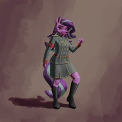 Size: 1280x1280 | Tagged: safe, artist:alicornified, imported from derpibooru, starlight glimmer, anthro, wolf, boots, clothes, communism, female, full body, hammer and sickle, looking at you, multiple variants, shoes, simple background, skirt, solo, species swap, stalin glimmer, standing, uniform, wolfified