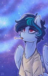 Size: 1667x2600 | Tagged: safe, artist:dimwitdog, imported from derpibooru, oc, oc only, oc:delta vee, pegasus, pony, cigarette, female, mare, solo, starry background