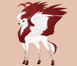 Size: 1024x878 | Tagged: safe, artist:dementra369, imported from derpibooru, oc, oc only, oc:war, deer, eikerren, original species, antlers, calm, chest fluff, colored wings, colored wingtips, deer oc, doe, female, non-pony oc, red eyes, simple background, solo, spread wings, tan background, wings