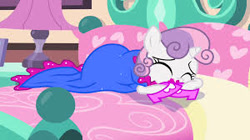 Size: 300x168 | Tagged: safe, imported from derpibooru, screencap, sweetie belle, pony, unicorn, for whom the sweetie belle toils, 5-year-old sweetie belle, bed, clothes, dress, female, high heels, lamp, picture for breezies, pillow, sad, shoes, younger