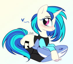 Size: 2290x2010 | Tagged: safe, artist:lazuli, artist:mint-light, imported from derpibooru, dj pon-3, vinyl scratch, pony, shark, unicorn, animal, black socks, blushing, blåhaj, clothes, cute, female, heart, mare, plushie, shark plushie, simple background, smiling, socks, solo, stockings, swimsuit, thigh highs, vinylbetes, white background