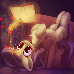 Size: 3000x3000 | Tagged: safe, artist:anti1mozg, imported from derpibooru, oc, oc only, oc:lavrushka, pony, unicorn, chest fluff, christmas, christmas lights, christmas tree, couch, cute, female, glowing horn, holiday, magic, mare, smiling, solo, telekinesis, tree