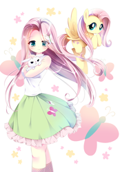 Size: 992x1403 | Tagged: safe, artist:スピカ, imported from derpibooru, angel bunny, fluttershy, butterfly, human, pegasus, pony, rabbit, equestria girls, anime, blushing, clothes, cute, female, humanized, looking at you, mare, moe, self ponidox, shirt, shyabetes, skirt, smiling, socks, stars