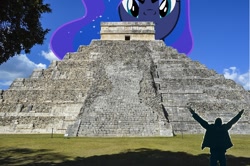 Size: 960x638 | Tagged: safe, artist:hereward, imported from derpibooru, princess luna, alicorn, pony, 1000 hours in ms paint, aztec, female, frown, giant pony, giantess, glare, irl, lidded eyes, macro, mare, maya, mega luna, photo, photoshop, ponies in real life, temple, tikal