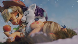 Size: 1280x720 | Tagged: safe, artist:v747, imported from derpibooru, applejack, oc, oc:constance everheart, butterfly, earth pony, pony, 3d, apple, applejack's hat, bedroom eyes, canon x oc, clothes, cowboy hat, cuddling, cutie mark, everjack, female, food, hat, lidded eyes, male, mare, on side, plaid, shipping, shirt, side, smiling, snow, straight