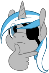 Size: 354x534 | Tagged: safe, artist:breioom, imported from derpibooru, oc, oc only, oc:sekr gray, pony, unicorn, emoji, eyepatch, male, meme, simple background, thinking, thinking emoji, transparent background, ych result