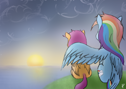 Size: 1700x1200 | Tagged: safe, artist:vladislav_180, imported from derpibooru, rainbow dash, scootaloo, pegasus, pony, cloud, female, filly, hug, mare, sun, sunset, water, winghug