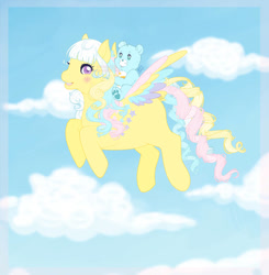 Size: 885x903 | Tagged: safe, artist:reachfarhigh, imported from derpibooru, ringlet, ringlet (g1 rainbow curl), pegasus, pony, bow, care bears, cloud, crossover, flying, g1, rainbow curl pony, tail bow, wish bear