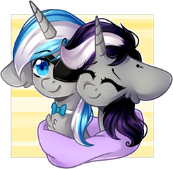 Size: 1828x1783 | Tagged: safe, artist:grapegrass, imported from derpibooru, oc, oc:sekr gray, oc:starlit nightcast, pony, unicorn, bowtie, bust, clothes, cuddling, eyepatch, scarf, sekrast, shared clothing, shared scarf, shipping, simple background, transparent background, ych result